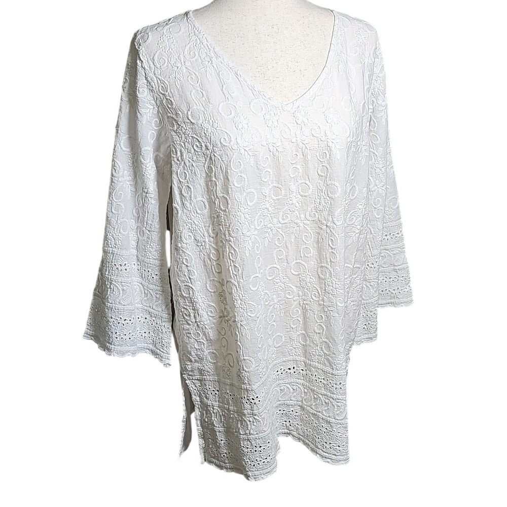 White Embroidered V-Neck Long Length Tunic Side Slits Women's Top Eyelete L - Picture 2 of 9